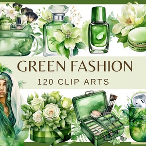 MODA VERDE - 120 imágenes prediseñadas de acuarela (png, 300 ppp, Ilustración de moda, Libros de moda Fashionista Chic Girl Glamour Fashion Graphics)