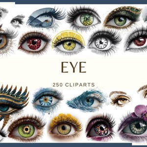 Puede incluir: Una colección de imágenes prediseñadas de ojos artísticos. La imagen presenta varios diseños de ojos con detalles intrincados, incluidos ojos con diseños de frutas y relojes. La palabra "EYE" se muestra en el centro, junto con "250 CLIPARTS".