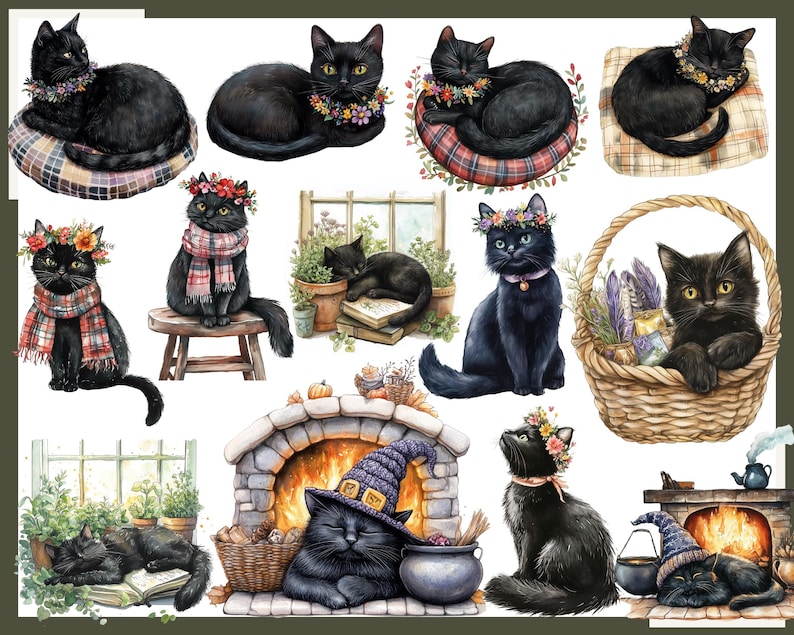 May include: Watercolor illustrations of black cats adorned with floral wreaths, scarves, and witch hats. Some cats are seated on cushions, near fireplaces, or in a basket. The artwork has a whimsical, autumnal theme.