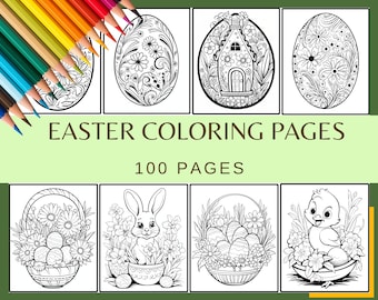 May include: A collection of Easter-themed coloring pages with intricate designs, including Easter eggs, a bunny, and a chick. The text "EASTER COLORING PAGES" and "100 PAGES" are displayed. Colored pencils are in the upper left corner.