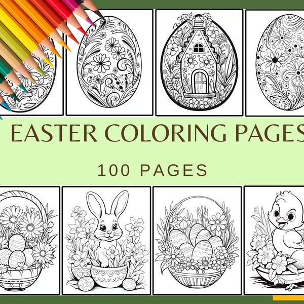 EASTER COLORING PAGES - 100 pages (Spring, Easter Digital Paper, Coloring Book)