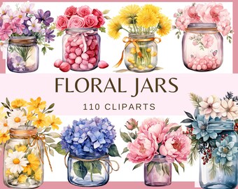 May include: A set of watercolor illustrations of floral arrangements in glass jars. The jars are filled with various flowers, including roses, daisies, hydrangeas, and peonies. The flowers are in shades of pink, yellow, blue, and purple. The jars are tied with twine and have a rustic, vintage look. The text "Floral Jars 110 Cliparts" is displayed below the images.
