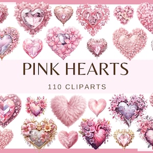 COEURS ROSE - 110 images clipart (300 dpi, fête des mères, fond transparent, usage commercial, lot, numérique, amour, Saint-Valentin, png)