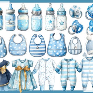 May include: Watercolor illustration of baby items in shades of blue. Includes baby bottles, pacifiers, bibs, a hat, and several outfits. The outfits include dresses and onesies. Some items have star and moon designs.