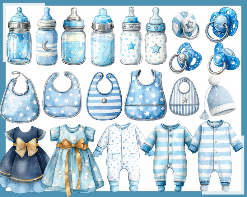 May include: Watercolor illustration of baby items in shades of blue. Includes baby bottles, pacifiers, bibs, a hat, and several outfits. The outfits include dresses and onesies. Some items have star and moon designs.