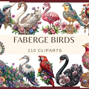 PÁSSAROS FABERGE - 100 clip arts (300 dpi, Flamingo, Cisne, Pavão, Quetzal, Arara, Faisão, Pombo, Tucano, Pega, Coruja, Png, Fauna, Pássaro)