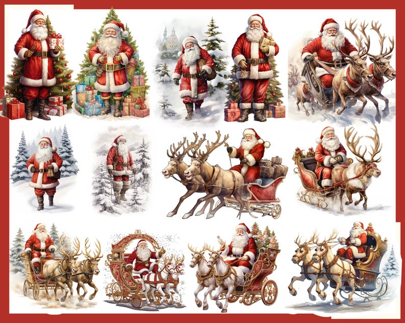 Santa & Reindeer Clipart Bundle: 130 PNG Christmas Graphics (commercial ...