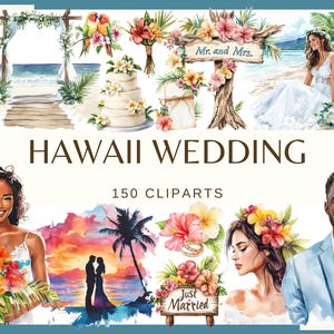 HAWAII WEDDING - 150 clip arts (300 dpi, Wedding Elements Icons bride Tropical Beach Wedding, Hawaiian Bride Groom, Floral Arch, Luau Decor)