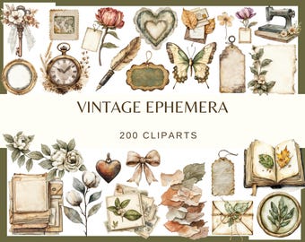 Vintage Ephemera: 200 PNG, 300 DPI (Every image separate on 1 page with transparent background, Commercial Use)