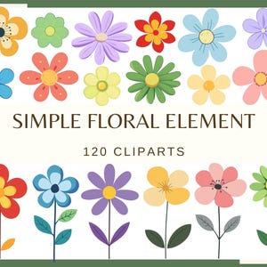 SIMPLE FLORAL ELEMENTS - 120 clip arts (300 dpi, commercial use, bundle, digital, floral, cartoon flower, flat icon flower png)