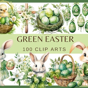 GRÜNE OSTERN - 100 Aquarell Clip-Arts (Transparenter Hintergrund, 300 dpi Frühling Ostern Digital Papier, Frühlingsferien, png kommerzielle Nutzung))