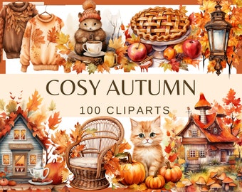 Cosy Autumn Clipart: 100 PNG , 300 DPI Graphics Fall (Commercial Use, Digital)