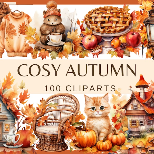 COSY AUTUMN - 100 clip arts (300 dpi, commercial use, candle, coffee, armchair, floral, nature, garden, autumn sweater, png, pumpkin wreath)