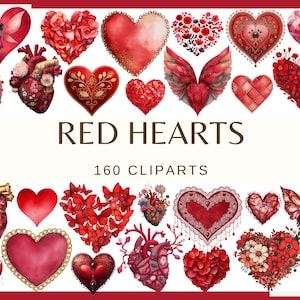 RED HEARTS - 160 clip arts | Romantic Heart PNG Bundle | Valentine’s Day, Wedding, Love Illustrations, Cute & Elegant Heart Designs
