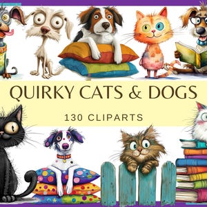 QUIRKY CATS & DOGS - 130 clip arts (300 dpi, cute animals, cute dog cat, kawaii odd strange cat dog, png, commercial use, bundle, digital)