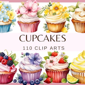 CUPCAKES - 110 Clip Art (300 dpi, Erdbeere, Himbeere, Blaubeere, Brombeere, Zitrone, Schokolade, Geburtstag, Blumen, Regenbogen Cupcake png)