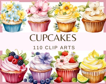 CUPCAKES - 110 images clipart (300 dpi, fraise, framboise, myrtille, mûre, citron, chocolat, anniversaire, floral, cupcake arc-en-ciel png)