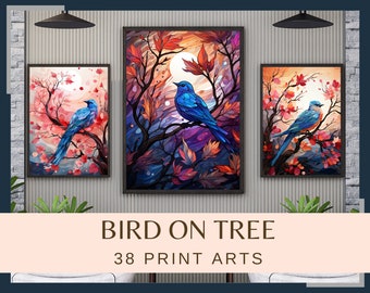 BIRDS ON TREES - 38 pictures (300 dpi, commercial use, digital, art print, printable artwork, nature, fauna, poster, illustration)