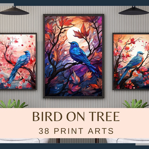 BIRDS ON TREES - 38 pictures (300 dpi, commercial use, digital, art print, printable artwork, nature, fauna, poster, illustration)