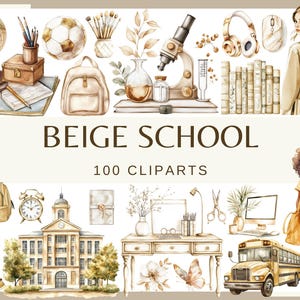 BEIGE SCHOOL - 100 aquarell Clip arts (Png, 300 dpi, Notebook, pen, pensil, süße Mode Schule, Schulbedarf Lehrgrafik)