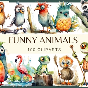 LUSTIGE TIERE - 100 Clip Art (300 dpi, süße Tiere, Vögel, Fische, Frosch, Eidechse, Tukan, png, kommerzielle Nutzung, Bundle, digital)