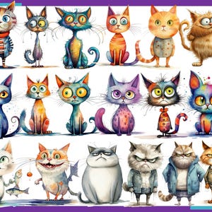 Op de afbeelding: Een verzameling van 17 grillige aquarel illustraties van katten met verschillende uitdrukkingen en persoonlijkheden. De katten worden afgebeeld in verschillende poses, waaronder zittend, staand en liggend. Sommige katten dragen kleding, terwijl andere dat niet doen. De illustraties zijn kleurrijk en speels, en ze zouden perfect zijn voor een verscheidenheid aan projecten, zoals wenskaarten, scrapbooking of interieurdecoratie.