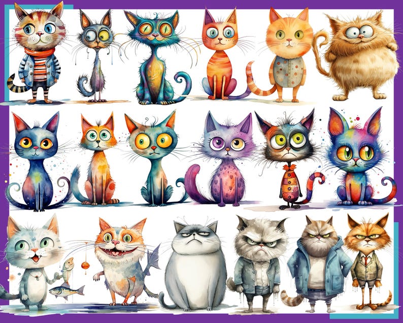 Op de afbeelding: Een verzameling van 17 grillige aquarel illustraties van katten met verschillende uitdrukkingen en persoonlijkheden. De katten worden afgebeeld in verschillende poses, waaronder zittend, staand en liggend. Sommige katten dragen kleding, terwijl andere dat niet doen. De illustraties zijn kleurrijk en speels, en ze zouden perfect zijn voor een verscheidenheid aan projecten, zoals wenskaarten, scrapbooking of interieurdecoratie.