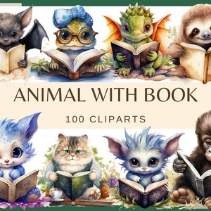 ANIMALI CON LIBRI - 100 clip art ad acquerello (Png, 300 dpi, illustrazioni di quaderni, educativi, lettura accogliente, lettura di animali carini)