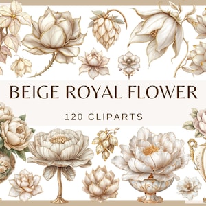 BEIGE ROYAL FLOWERS - 120 clip arts (300 dpi, bundel, digitaal, bloemen, natuur, bruiloftsbloem, png-beige rozen, pastelbloem, pioenroos)