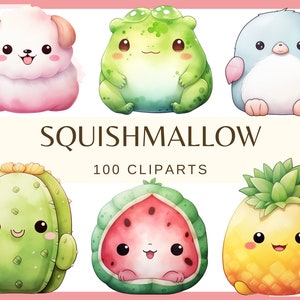 SQUISHMALLOW - 100 imágenes prediseñadas de acuarela (300 ppp, monstruos de fantasía, monstruos kawaii, png, pegatina para niños, criatura de hadas, frutas, animales)