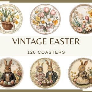 POSAVASOS VINTAGE DE PASCUA: 110 posavasos de acuarela (papel digital de Pascua de 300 ppp, papel para álbumes de recortes, png, posavasos de conejito, posavasos con flores de primavera)