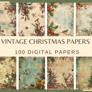 VINTAGE CHRISTMAS Digital Papers - 100 papiersoorten (niet herhaalbaar patroon, 300 dpi, kerst, winterbundel, ontwerp van een briefkaart)