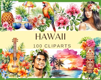 May include: A collection of 100 watercolor clipart images featuring Hawaiian themes. The images include a parrot, flowers, a ukulele, a tiki statue, a sunset, and a couple. The text "HAWAII 100 CLIPARTS" is displayed in the center of the image.