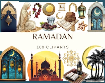 Puede incluir: Ilustración digital con elementos temáticos de Ramadán. La imagen incluye una mujer rezando, una silueta de mezquita, lunas crecientes, linternas, dátiles y el texto "RAMADAN 100 CLIPARTS". Paleta de colores cálidos, con tonos dorados, azules y naranjas.