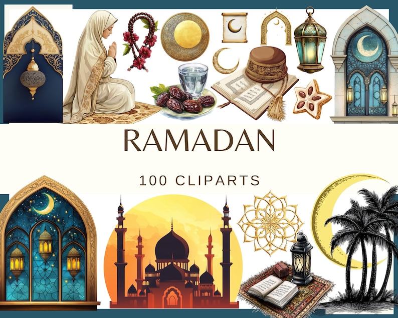 Pu&ograve; includere: Illustrazione digitale a tema Ramadan. L'immagine presenta una donna che prega, una silhouette di moschea, mezzelune, lanterne, datteri e il testo "RAMADAN 100 CLIPARTS". Tavolozza di colori caldi, con toni oro, blu e arancione. Simboli culturali.