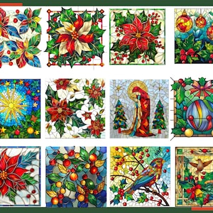 May include: Twelve stained glass panels featuring various Christmas themes. The panels depict poinsettias, ornaments, a star, a nativity scene, a bird, and a hummingbird.