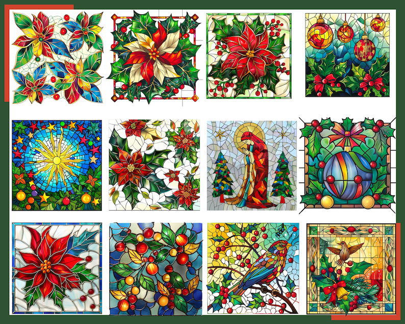 May include: Twelve stained glass panels featuring various Christmas themes. The panels depict poinsettias, ornaments, a star, a nativity scene, a bird, and a hummingbird.