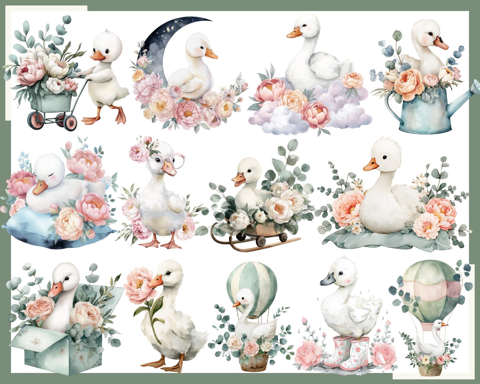 Watercolor Baby Swan Clipart | 110 PNG Images 300 DPI (blush Pink Roses ...