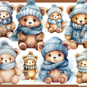 May include: Nine watercolor illustrations of brown teddy bears wearing blue and white striped scarves and hats. The bears are all sitting or standing on a white background.