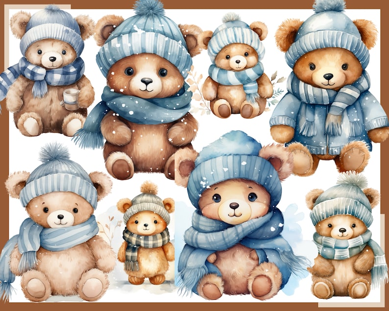 May include: Nine watercolor illustrations of brown teddy bears wearing blue and white striped scarves and hats. The bears are all sitting or standing on a white background.