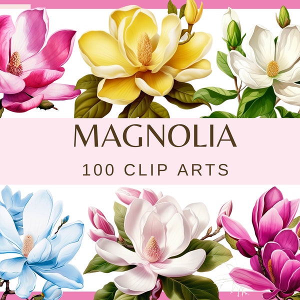 MAGNOLIA FLOWERS - 100 clip arts (Stained glass, magnolia in vase, tree, 300 dpi, commercial use, bundle, digital, transparent background)