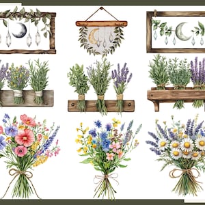 May include: Watercolor illustrations of bouquets and decorative wall hangings. The bouquets feature colorful wildflowers tied with twine. The wall hangings include a crescent moon, crystals, and greenery in wooden frames.