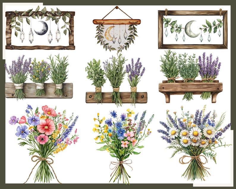 May include: Watercolor illustrations of bouquets and decorative wall hangings. The bouquets feature colorful wildflowers tied with twine. The wall hangings include a crescent moon, crystals, and greenery in wooden frames.