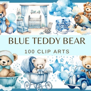 BLUE TEDDY BEAR. Baby shower for a boy, Nursery Decor 100 watercolor clip arts Transparent background, 300 dpi, commercial use png 画像 1