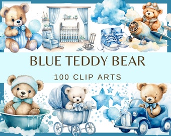 BLUE TEDDY BEAR. Baby shower for a boy, Nursery Decor - 100 watercolor clip arts (Transparent background, 300 dpi, commercial use png)