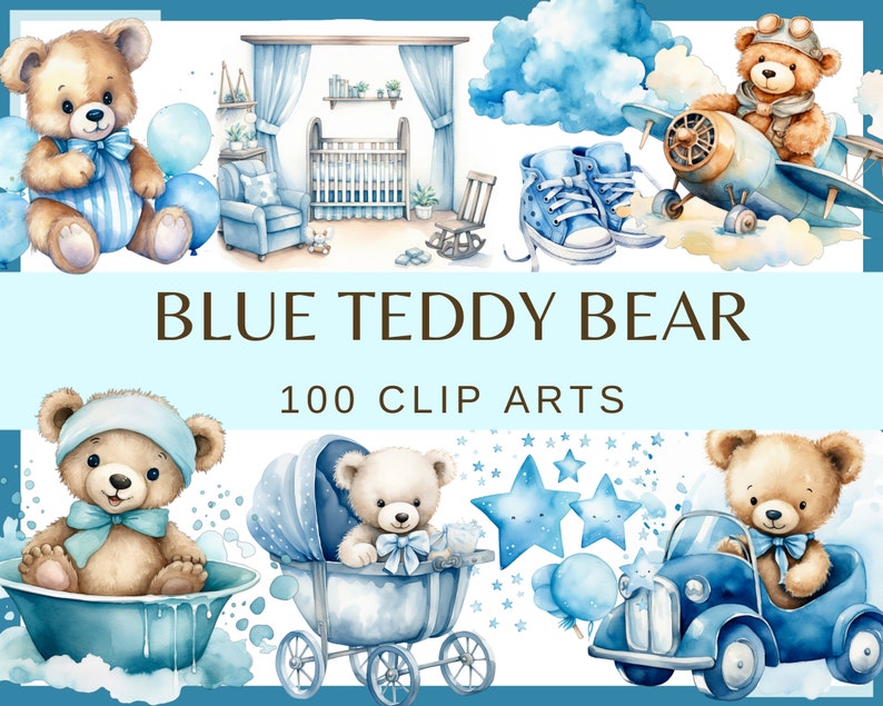 BLUE TEDDY BEAR. Baby shower for a boy, Nursery Decor 100 watercolor clip arts Transparent background, 300 dpi, commercial use png image 1