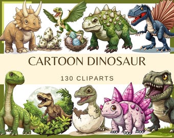 May include: A collection of 130 cartoon dinosaur clip art images. The dinosaurs are in various poses and colors, including green, blue, brown, pink, and white.  The clip art is perfect for use in digital projects, crafts, and more.
