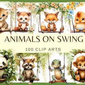 ANIMALS ON SWINGS - 100 png clip arts  (300 dpi, cute animals, panda baby animal tiger, capybara, lizard, bat, hamster, squirrel, racoon, )