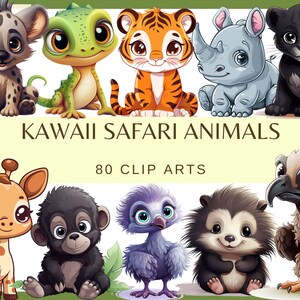 ANIMALI SAFARI KAWAII - 80 clip art (300 dpi, mangusta, lama, procione, struzzo, elefante, scimmia, zebra, fascio, iena, png, giungla)