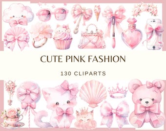 Cute Pink Fashion: 130 PNG, 300 DPI Kawaii Planner Girl's Sticker (Commercial Use)